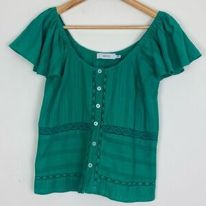 Anthropologie Greylin green button front blouse with lace insets. Size XS